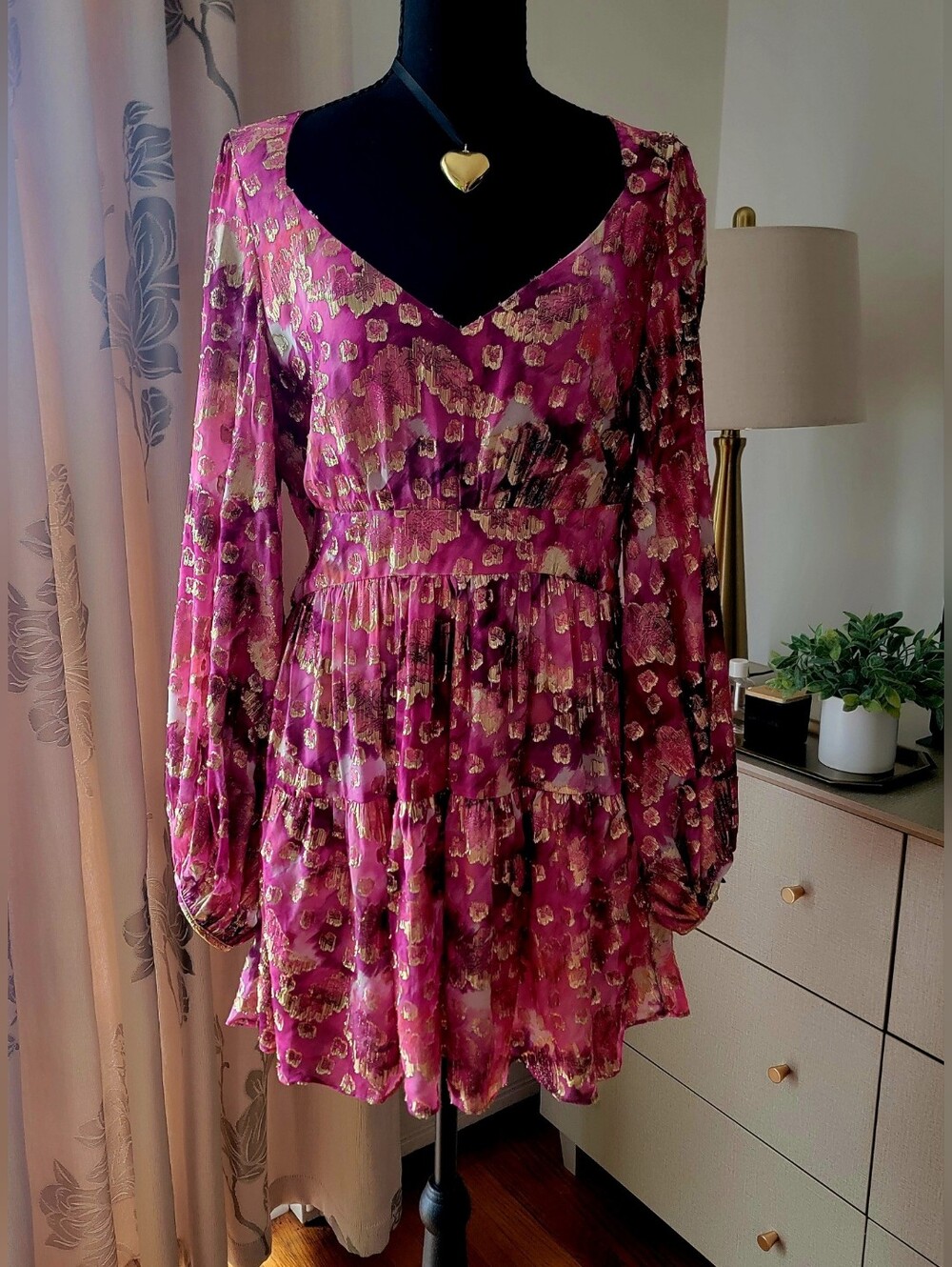 LoveShackFancy Willis Metallic Floral Tiered Mini Dress